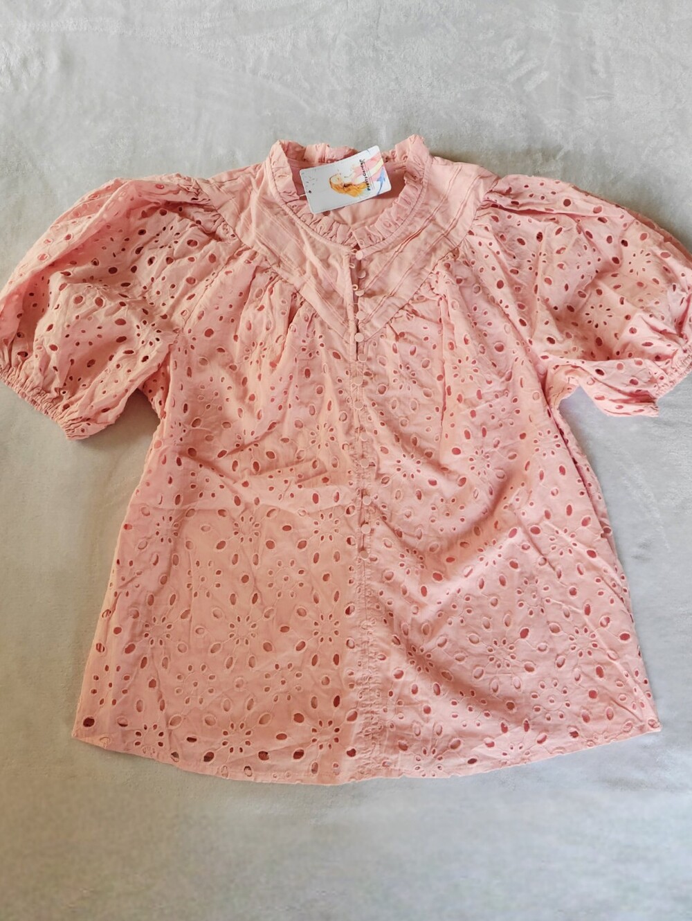 PRETTYGARDEN Womens Pink Eyelet Lace Puff Sleeve Blouse NWT Size Large